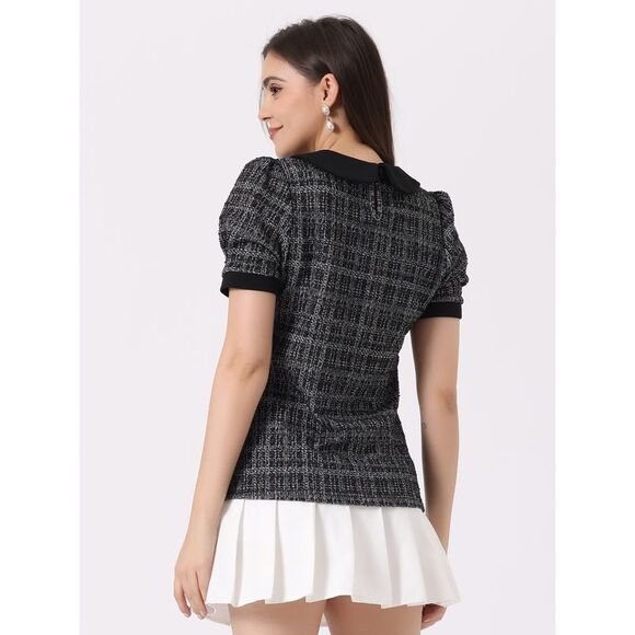 Tweed Top Button Decor Peter Pan Collar Blouse Black - Picture 4 of 4